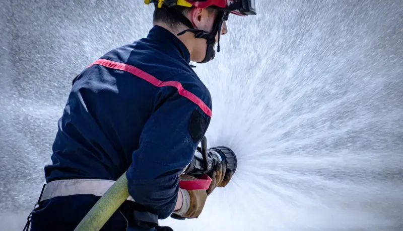 Un pompier éteint un incendie.
