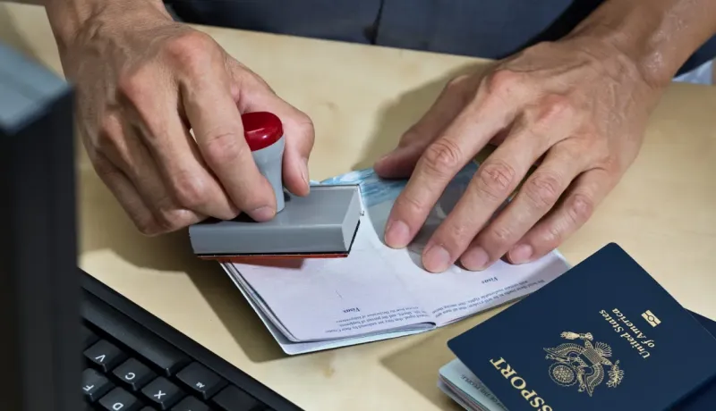 Gros plan d'une main qui tamponne un passport.