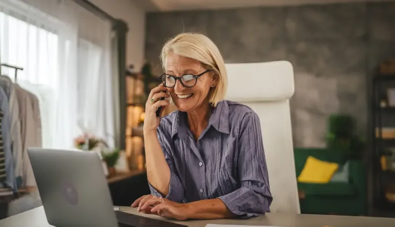 Femme agée souriante avec des lunettes parle au téléphone en travaillant sur un ordinateur .