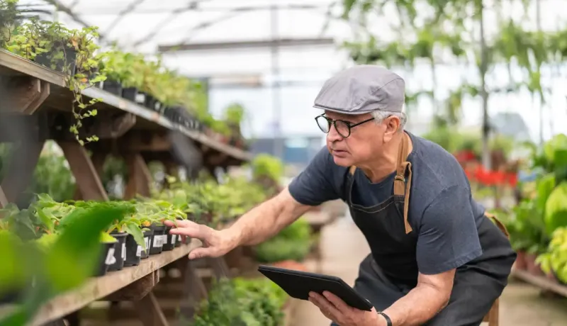 Un homme travaille dans un jardin, penché sur des plantes pour les entretenir.
