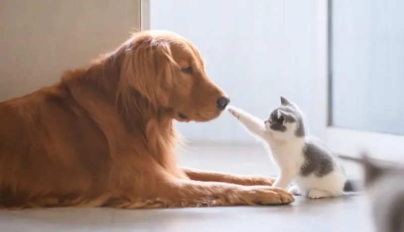 Un golden retriever et un chaton gris et blanc touche la truffe du chien.