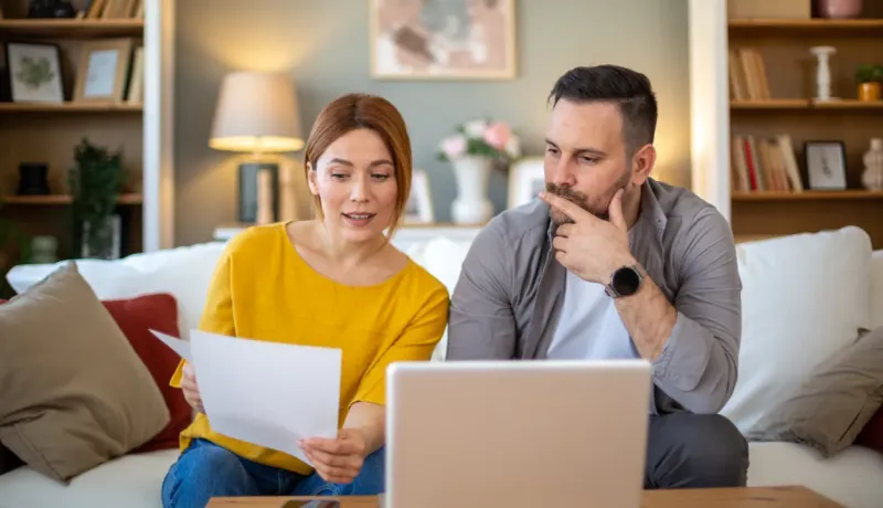 Un couple assis sur un canapé, examinant des documents et utilisant un ordinateur portable.