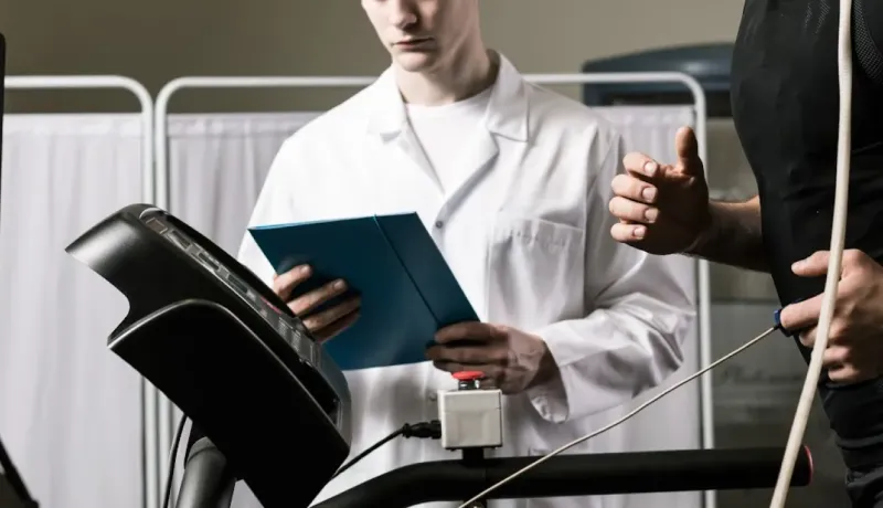 Un athlète court sur un tapis roulant, supervisé par un professionnel de la santé en blouse blanche.