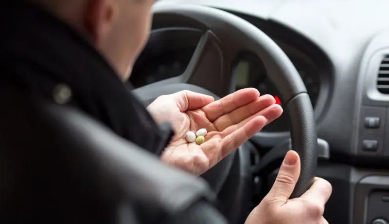 Gros plan sur une main tenant des pilules multicolores près du volant d'une voiture.