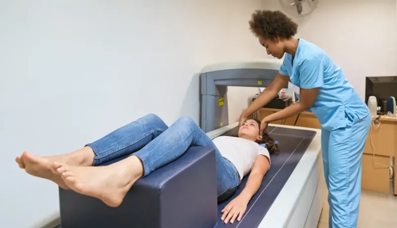 Technicienne préparant une femme pour un examen de densité osseuse sur un appareil de Densitométrie.