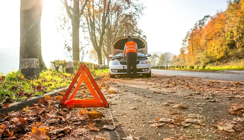 Un homme en gilet de sécurité orange examine le moteur d'une voiture en panne, avec un triangle de signalisation.