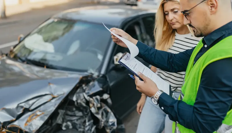 Un homme en gilet fluo et une femme examinent des documents après un accident de voiture.