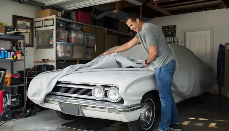 Un homme souriant retire une housse de protection d'une voiture vintage blanche garée dans un garage.