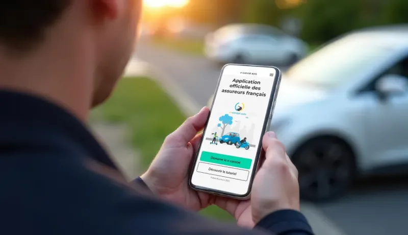 Un homme regarde son téléphone affichant l'application e-constat, sa voiture en arrière-plan.