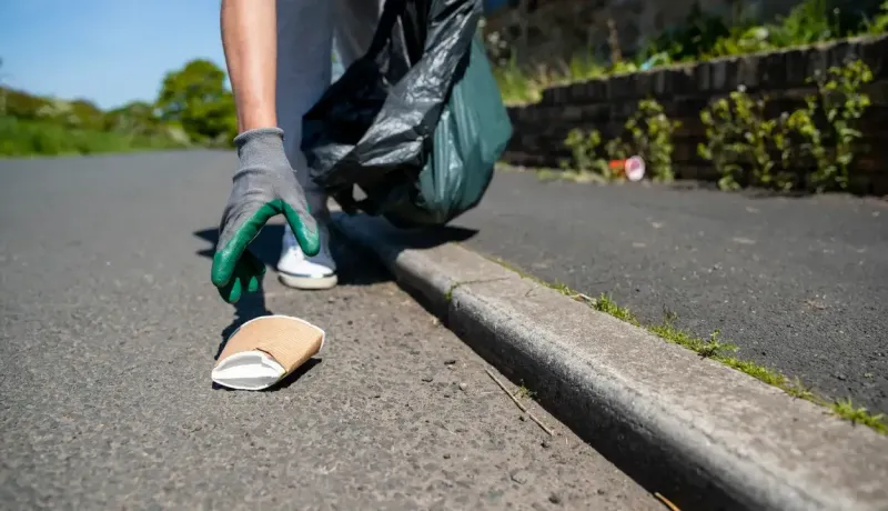 Une personne gantée ramasse un gobelet en carton sur le bord d'une route