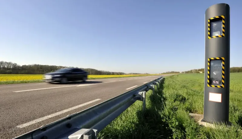 Un radar fixe est installé sur le bord d'une route de campagne, avec une voiture en mouvement rapide.