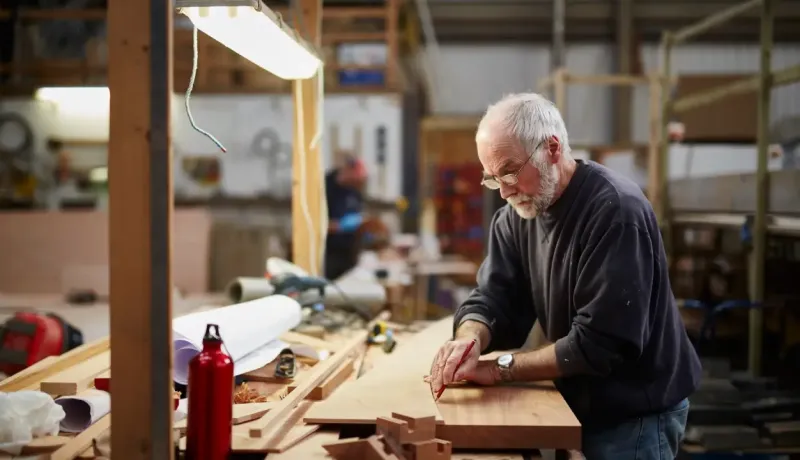 Une personne âgée est en train de faire des découpes sur un morceau de bois dans son garage.