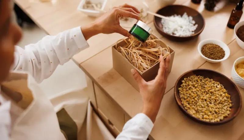 Vue d'en haut d'une personne emballant un pot cosmétique dans une boîte artisanale.