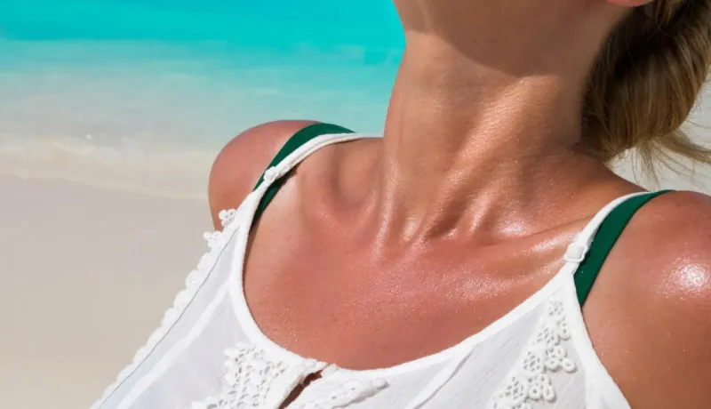 Gros plan sur les épaules et le cou d'une femme, au soleil sur une plage de sable blanc.