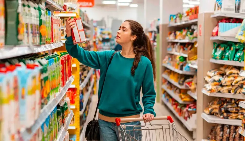 Une femme fait ses courses dans un supermarché, lisant l'étiquette d'un produit.
