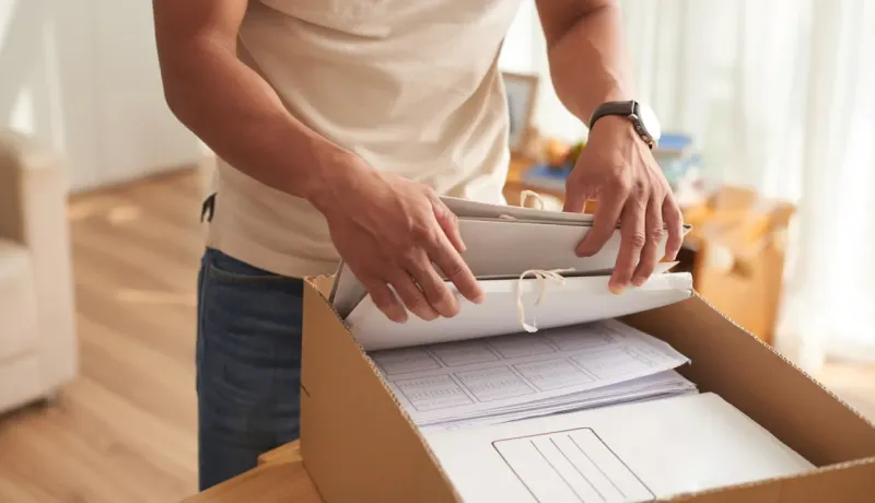 Gros plan sur les mains d'un homme rangeant des dossiers dans une boîte en carton.
