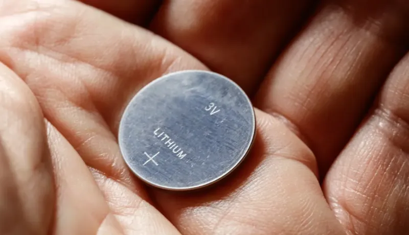 Gros plan sur une pile bouton au lithium, indiquant la tension et le type de batterie.