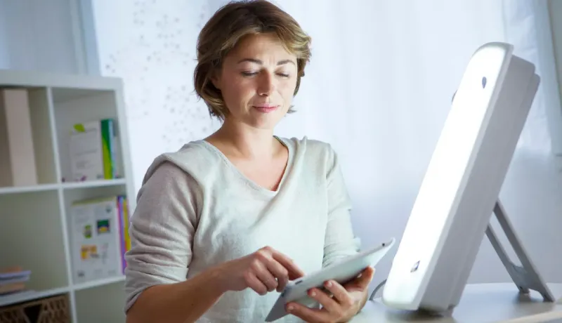 Une femme utilise une tablette devant une lampe de luminothérapie.