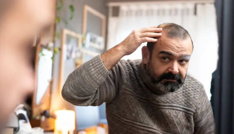 Un homme avec une barbe se regarde dans le miroir en touchant le sommet de sa tête, examinant une possible calvitie.