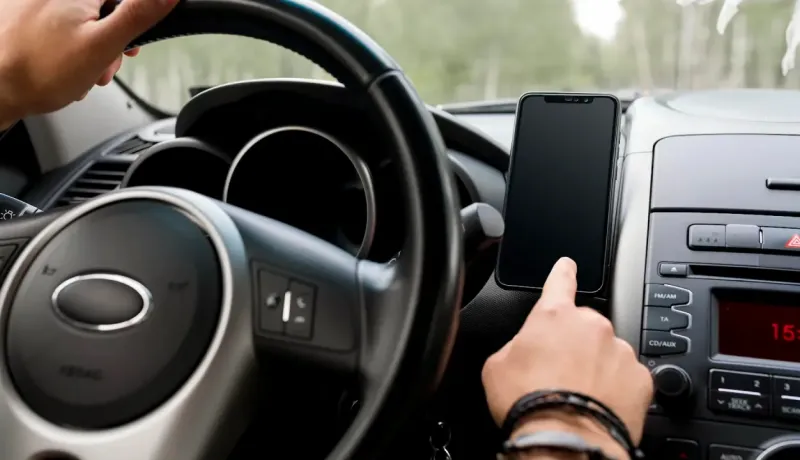 Un conducteur utilise un smartphone fixé sur le tableau de bord, ses mains sur le volant de la voiture.