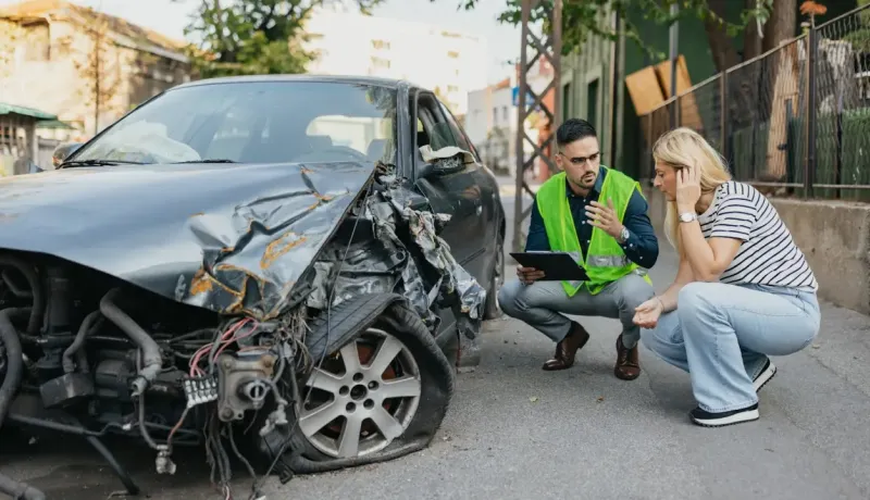 Un expert et une femme examinent une voiture gravement endommagée après un accident.