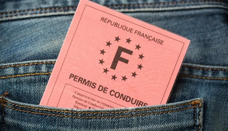 Un permis de conduire français rose "Permis de Conduire" dans la poche arrière d'un jean.