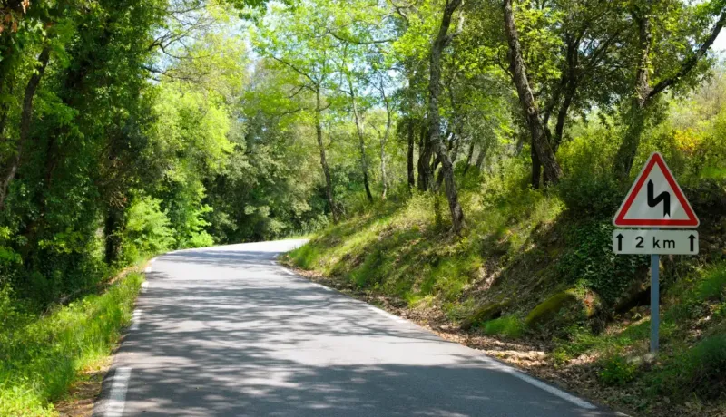 Route sinueuse en France à travers une forêt luxuriante avec un panneau de signalisation de virages dangereux.