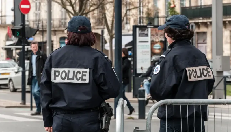 Deux policières françaises, de dos, portant l'uniforme "POLICE" et des casquettes.