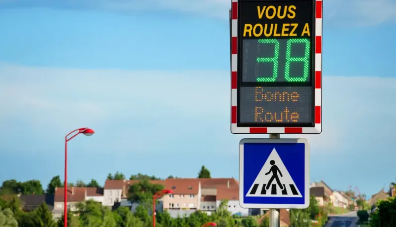 Un panneau radar pédagogique en France affiche "VOUS ROULEZ A 38" et "Bonne Route" au-dessus d'un passage piéton.