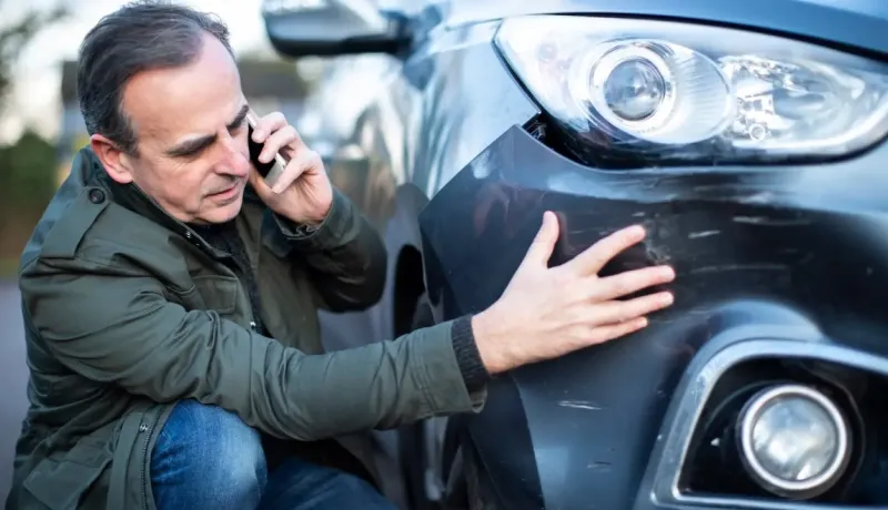 Un homme au téléphone, accroupi à côté de sa voiture accidentée, inspecte des rayures sur le pare-chocs.
