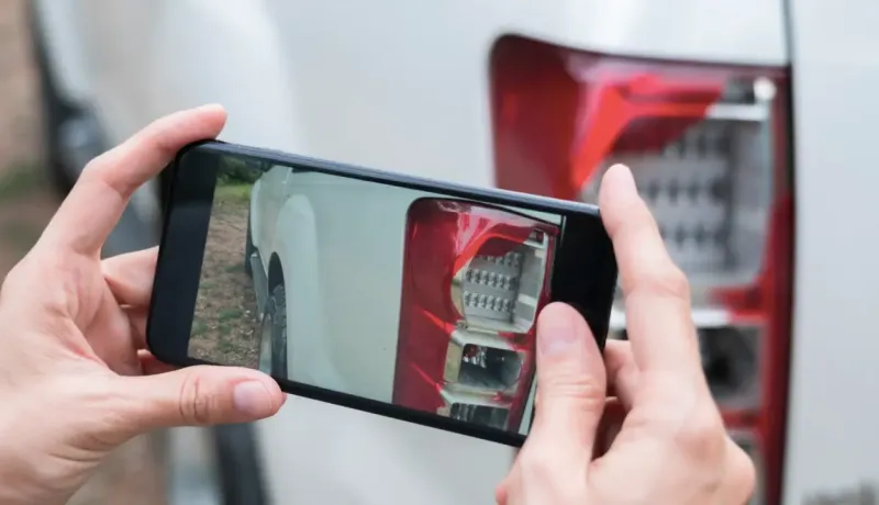 Des mains tenant un smartphone prenant une photo du feu arrière d'une voiture blanche.