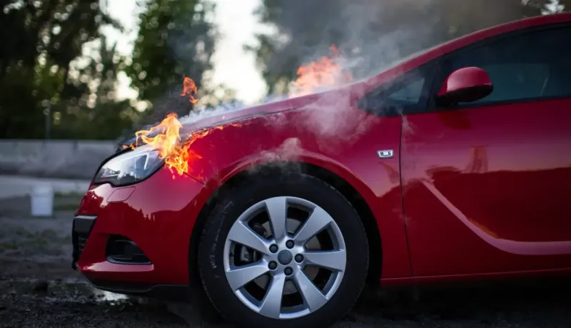 Une voiture rouge avec le capot en feu et de la fumée s'échappant.