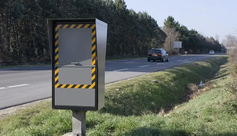 Un radar automatique français avec des bandes jaunes et noires au bord d'une route.
