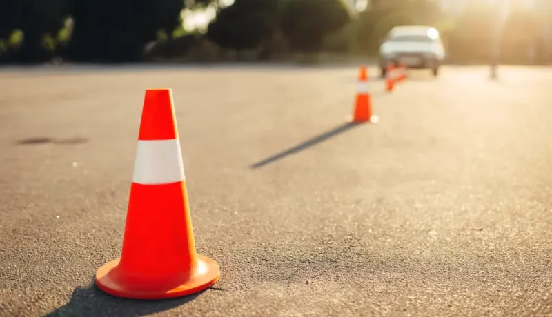 Des cônes de signalisation oranges sur un sol goudronné, avec une voiture floue en arrière-plan.