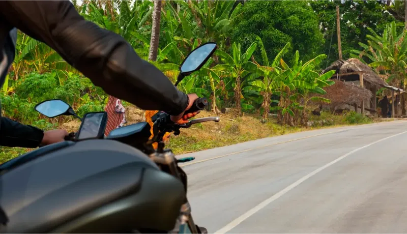 Un motard roule sur une route de campagne bordée de palmiers, avec un GPS sur le guidon.