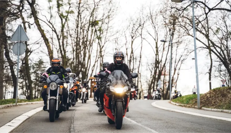 Un groupe de motards casqués roulant sur une route bordée d'arbres dénudés.