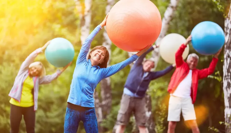 Un groupe de personnes âgées s'étire avec des ballons de fitness colorés dans un parc, entouré d'arbres et de lumière naturelle.