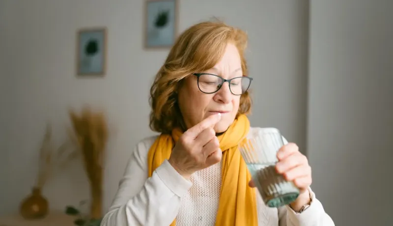 Une femme âgée prend une pilule avec un verre d'eau.