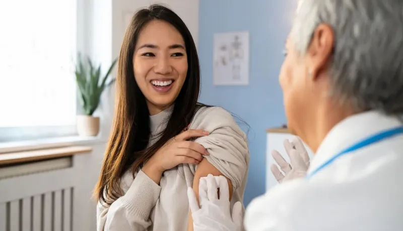 Une jeune femme souriante reçoit une injection d'un professionnel de santé.