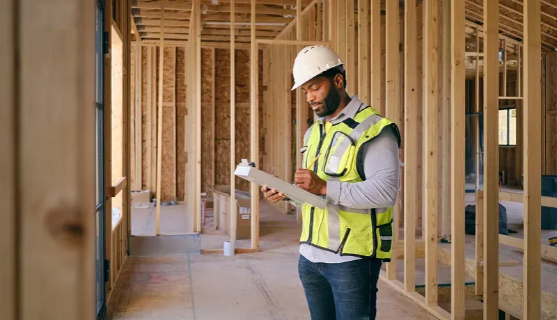 Un homme en casque de sécurité et gilet réfléchissant tient un clipboard sur un chantier.