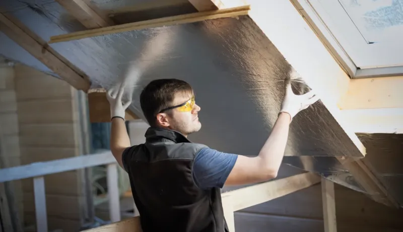 Ouvrier installant un panneau isolant thermique (polyuréthane) au plafond d'un grenier. Rénovation et isolation.