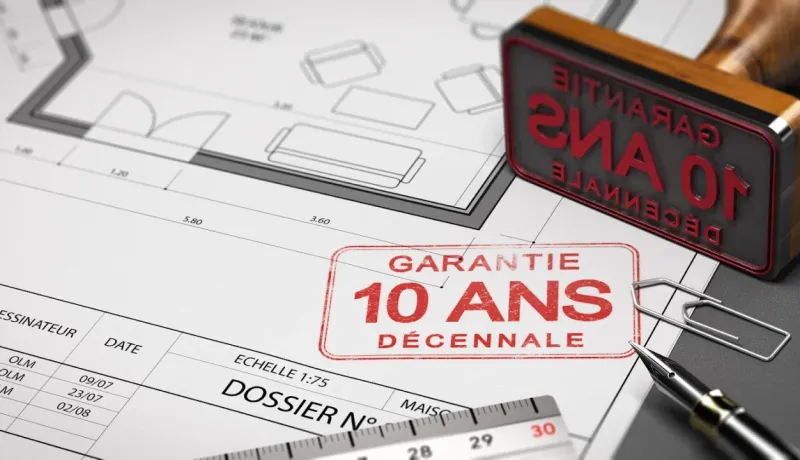 Plan de construction avec un tampon rouge "GARANTIE 10 ANS DÉCENNALE". Symbolise l'assurance travaux.