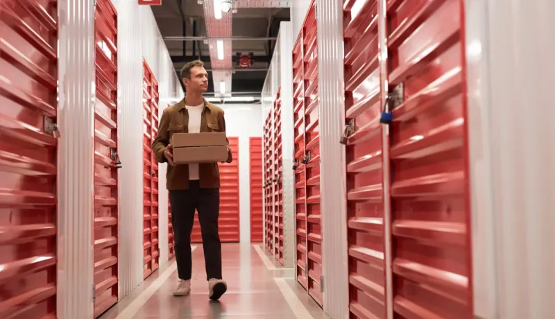 Un homme marche dans une allée de stockage en libre-service, bordée de portes rouges, portant deux cartons empilés.