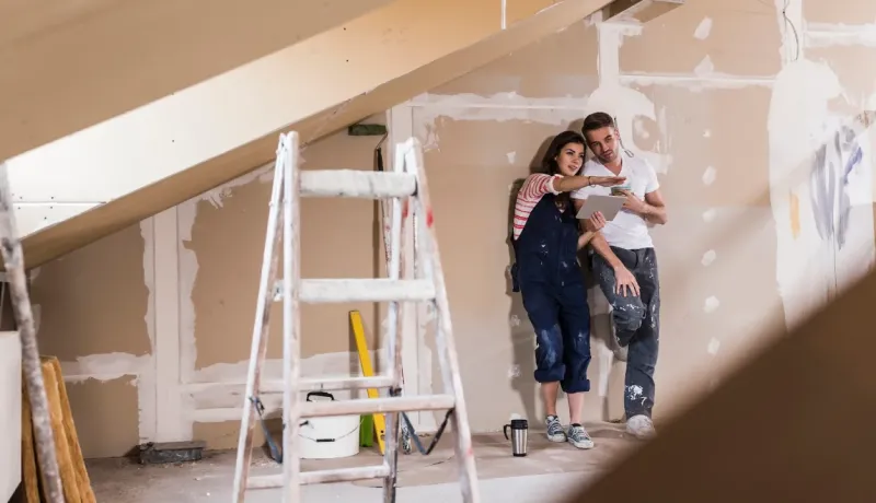 Couple en salopettes de travail planifiant des rénovations dans un grenier, utilisant une tablette près d'une échelle.