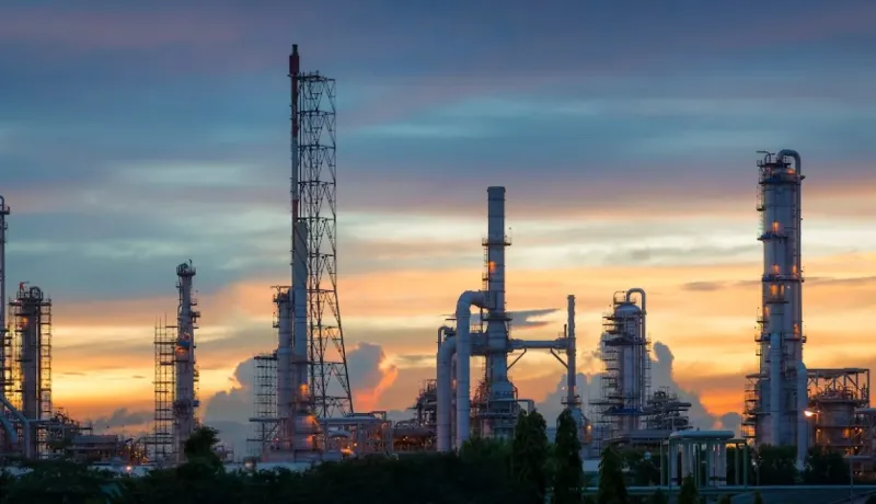 Vue nocturne sur une raffinerie ou une usine pétrochimique industrielle avec de hautes cheminées sous un ciel de coucher de soleil.
