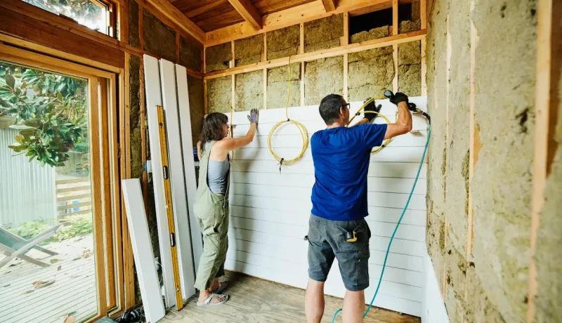 Couple en train de rénover l'intérieur d'une maison en bois, installant des panneaux blancs sur un mur isolé.