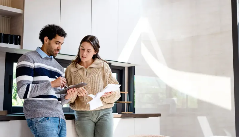 Un homme et une femme se tiennent dans une cuisine, examinant un document ensemble.