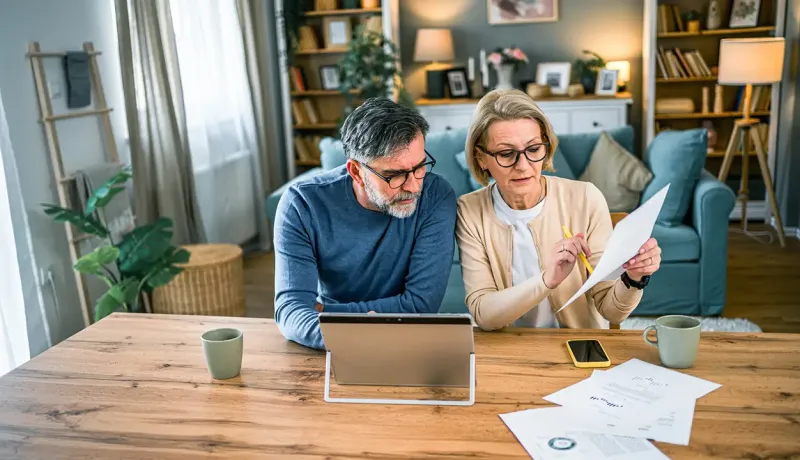 Couple senior examinant des documents sur un ordinateur portable, assis ensemble dans un environnement confortable.
