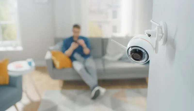 Gros plan sur une caméra IP de sécurité fixée à un mur, surveillant le salon de l'appartement.
