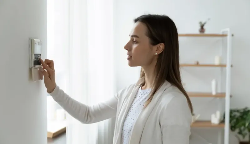 Femme utilisant une alarme dans un intérieur minimaliste et clair.